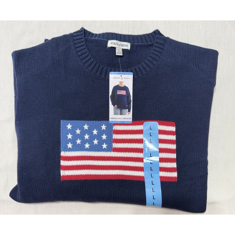 NWT State of Mine Americana Sweater Large L Navy Blue US American Flag 1776-2026